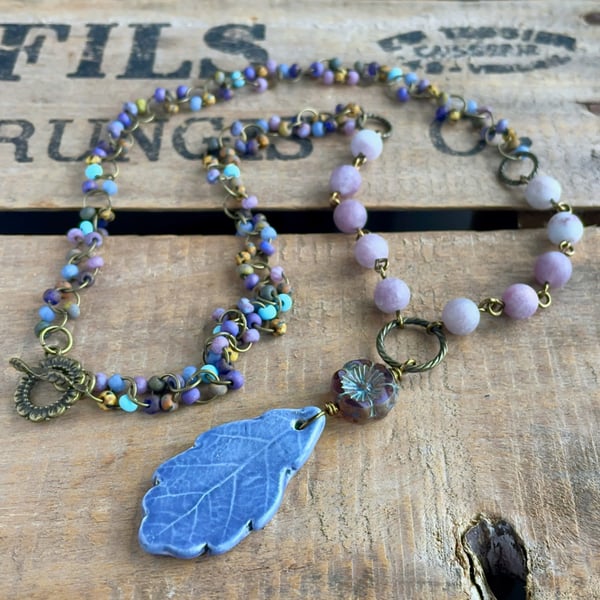 Artisan Ceramic Leaf Pendant. Bohemian Necklace with Multi Coloured Beaded Chain