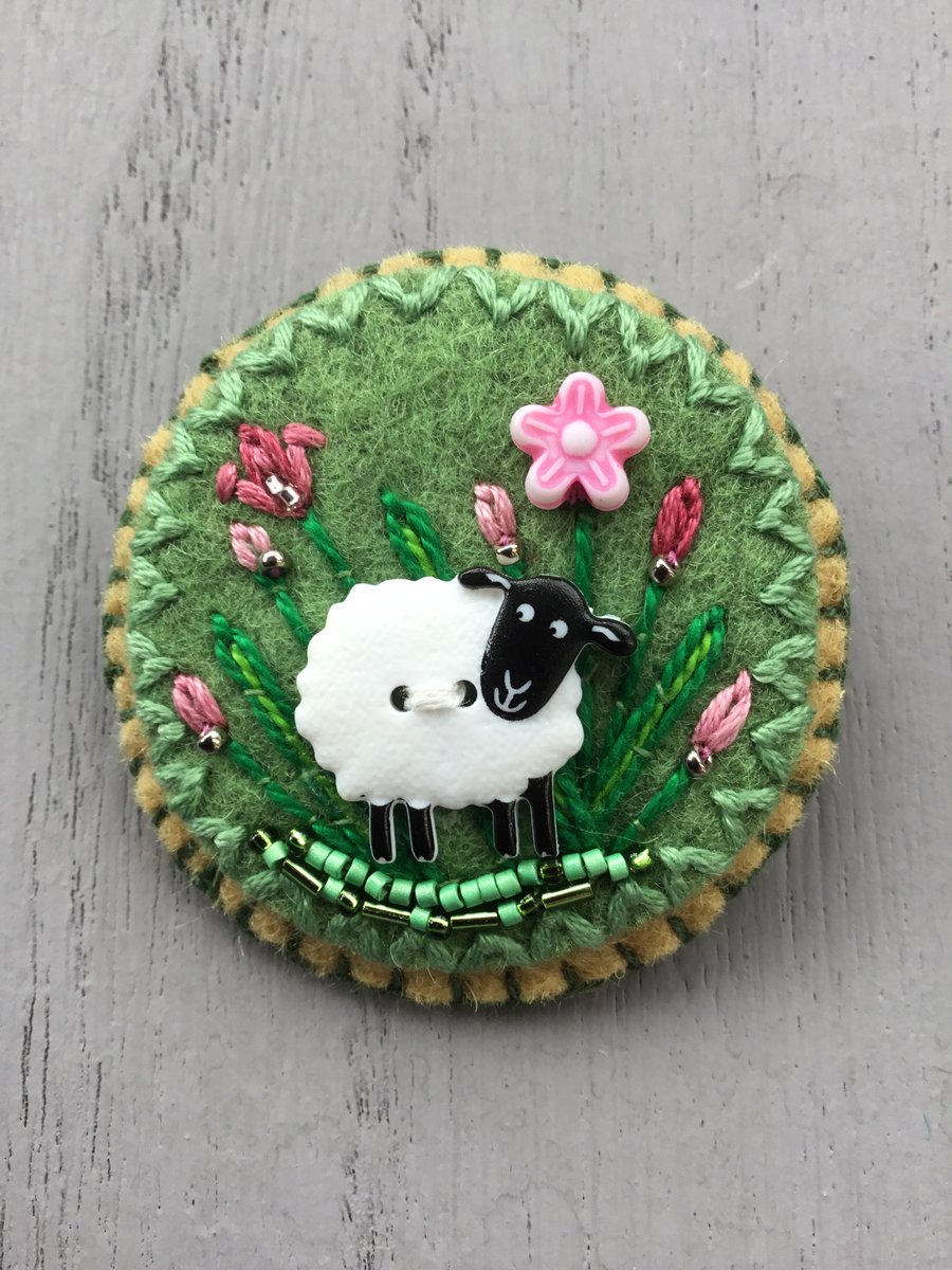 Hand Embroidered Blossom Sheep Brooch 
