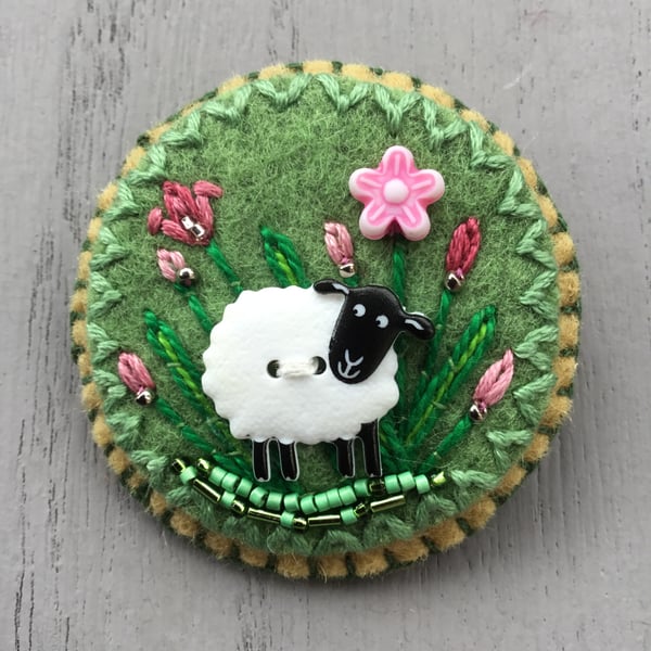 Hand Embroidered Blossom Sheep Brooch 