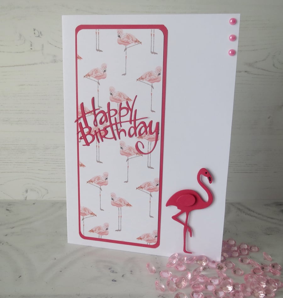 Pink Flamingo Birthday, Greeting, Handmade card
