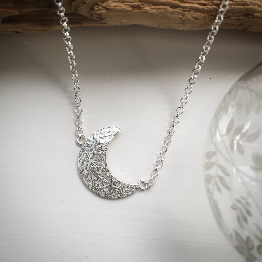 Eco Silver crescent moon pendant with frost texture