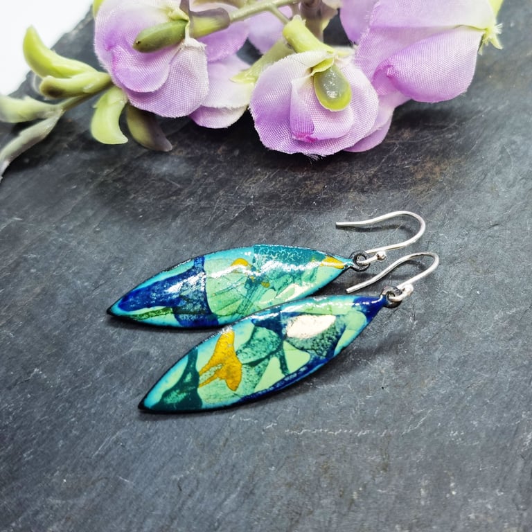Abstract Colour enamel marquise drop earrings - green
