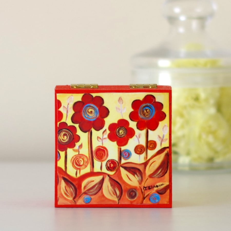 Orange Jewellery Box, Red Flowers Decorative Box, Naive Art Storage Box