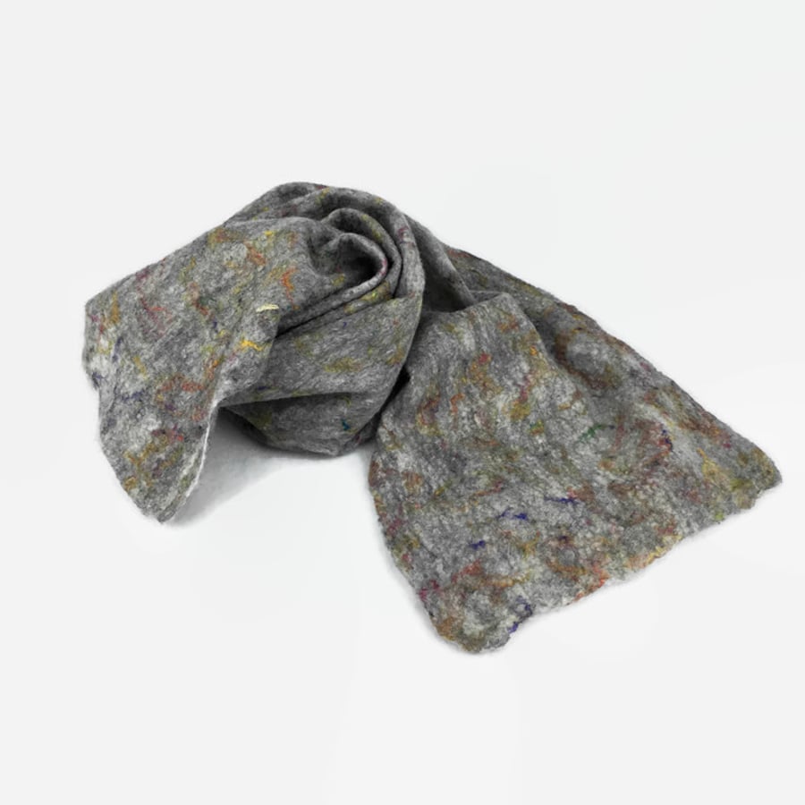 Seconds Sunday - Grey merino wool felt scarf with multicoloured silk highlights