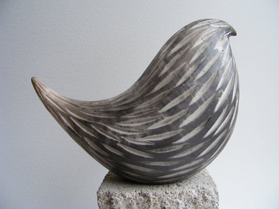 Carved and raku fired bird (D)