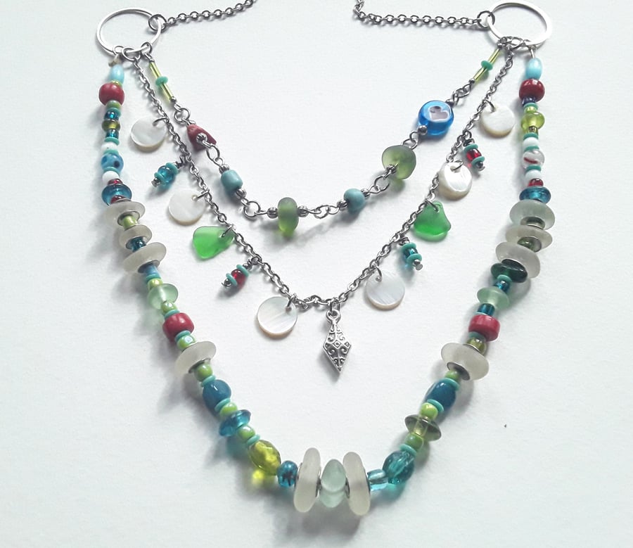 Three Strand Multicoloured Boho Necklace with Seaglass & Glass Beads 