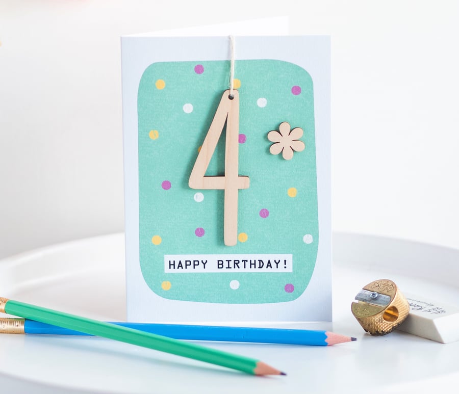 Age 4 Birthday Card - Kids Card, Keepsake Card, Happy Birthday, Handmade Card, A