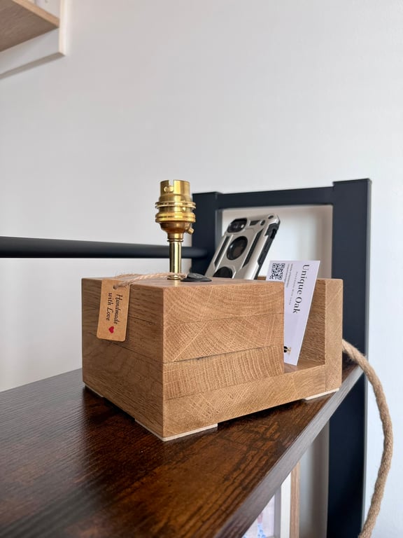 Oak Desk Lamp with Phone Holder – Handmade Rustic Wooden Table Light