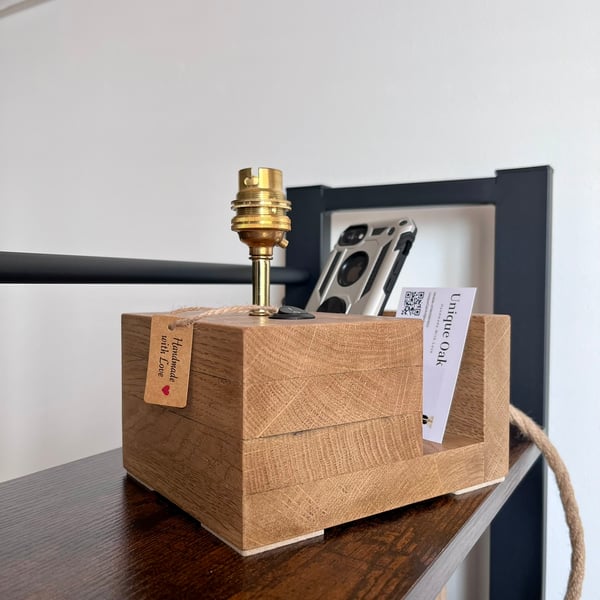 Handmade Oak Desk Lamp with Phone Holder - Wooden Table Light UK