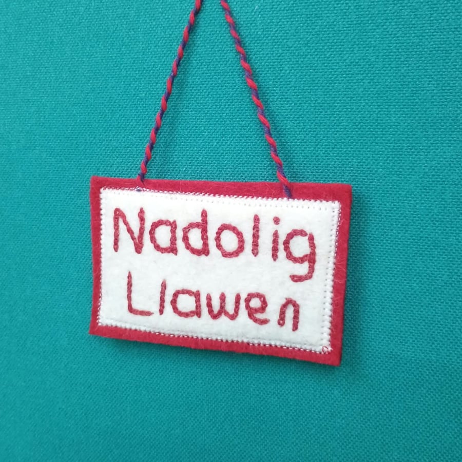 Nadolig Llawen Christmas decoration hand embroidered felt in red and white 