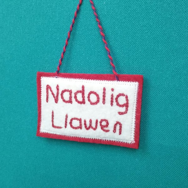 Nadolig Llawen Christmas decoration hand embroidered felt in red and white 