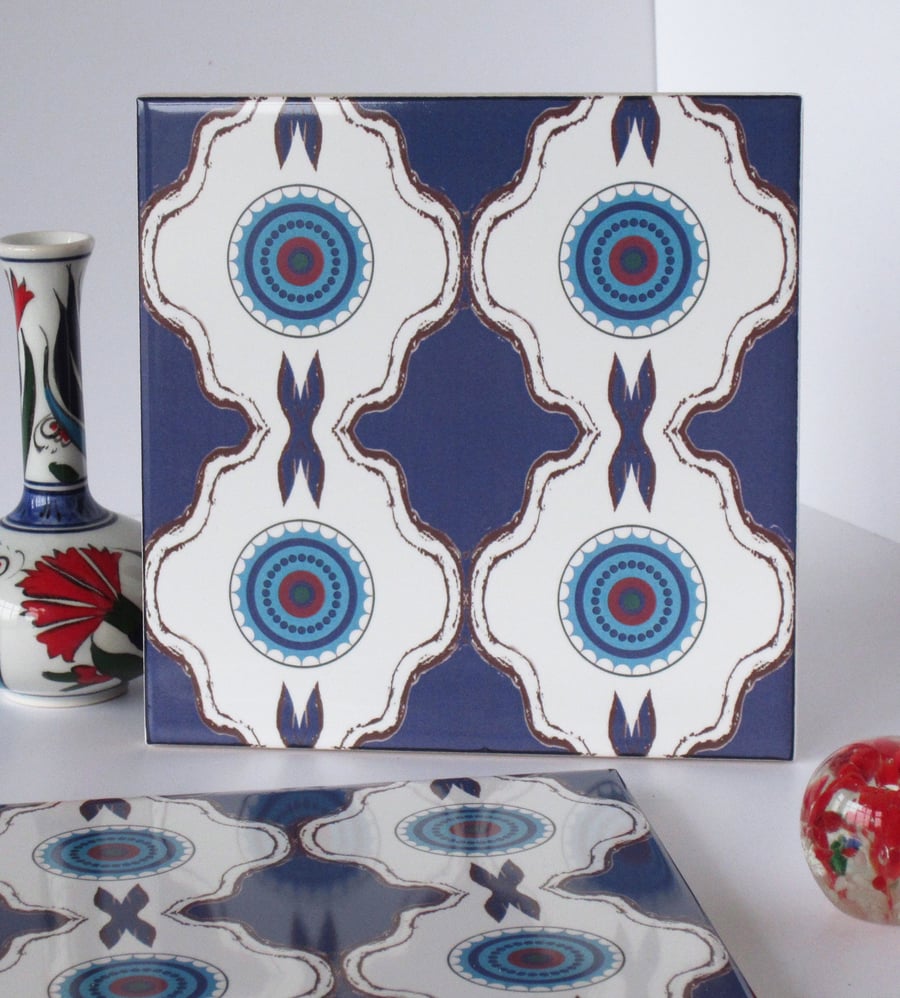 Deep Blue North African Inspired Geometric Ceramic Tile Trivet with Cork Backing