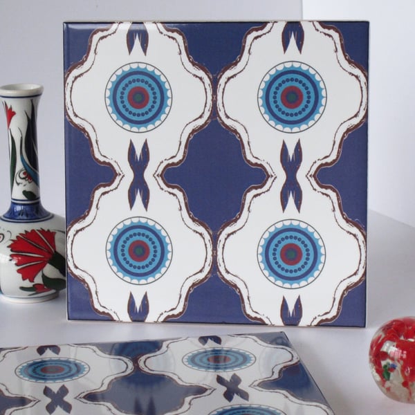 Deep Blue North African Inspired Geometric Ceramic Tile Trivet with Cork Backing