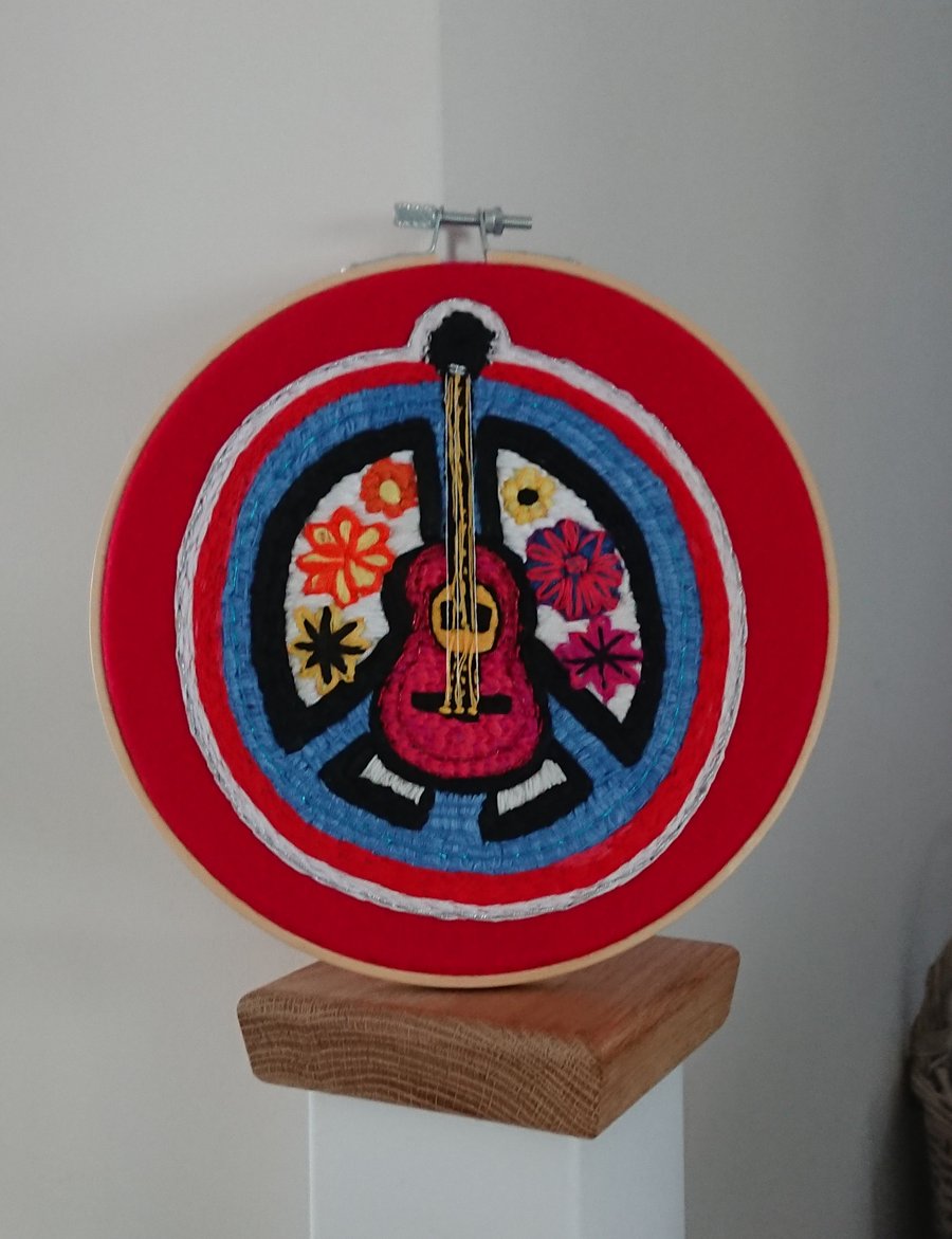 Retro Embroidery with guitar, CND sign and flowers, Wall Decoration 