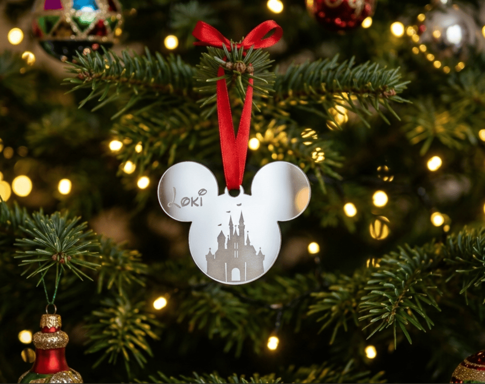 Personalised Christmas Tree Decoration, Mouse Decoration, Silver Mirrored Bauble