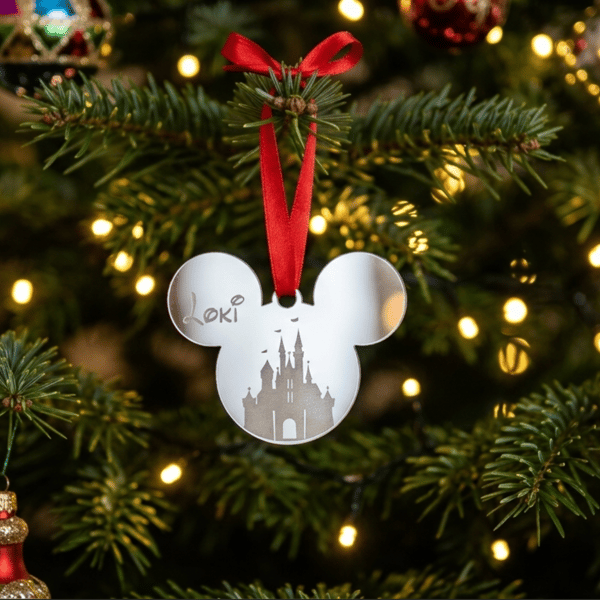 Personalised Christmas Tree Decoration, Mouse Decoration, Silver Mirrored Bauble