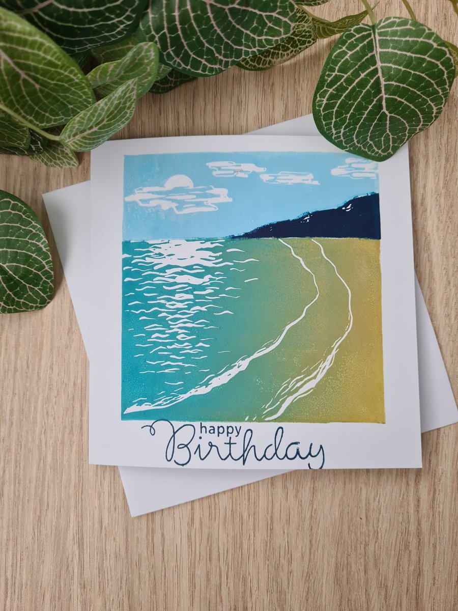 Coastal beach scene art linocut birthday card or no text handprinted