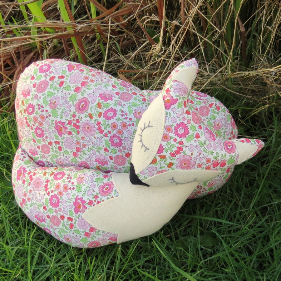 A snoozy fox cushion, made from Liberty Lawn.  Fox pillow.