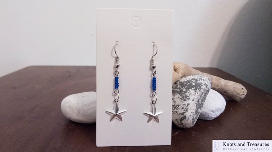 Silver Star and Blue Bead Dangle Earrings