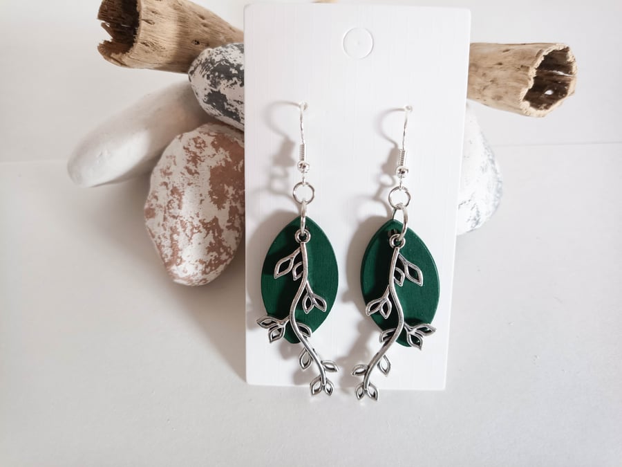 Wooden Green Leaf Pendant with Silver Branch Charm Earrings