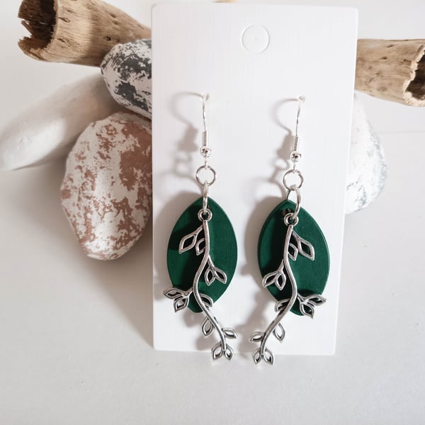 Wooden Green Leaf Pendant with Silver Branch Charm Earrings