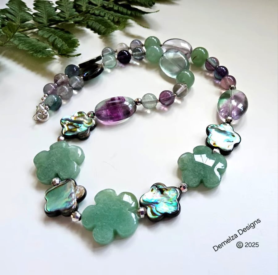 Rainbow Fluorite,  Aventurine,  Abolony Shell Sterling Silver Necklace