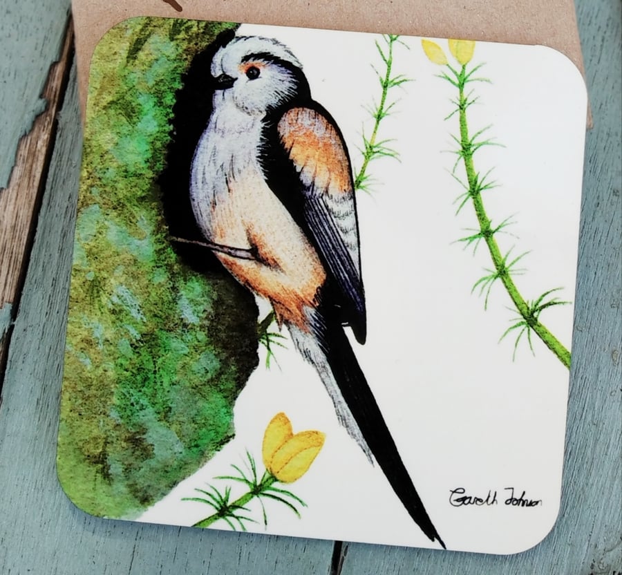 Long tailed-tit coaster, watercolour bird coaster, gifts for bird lovers