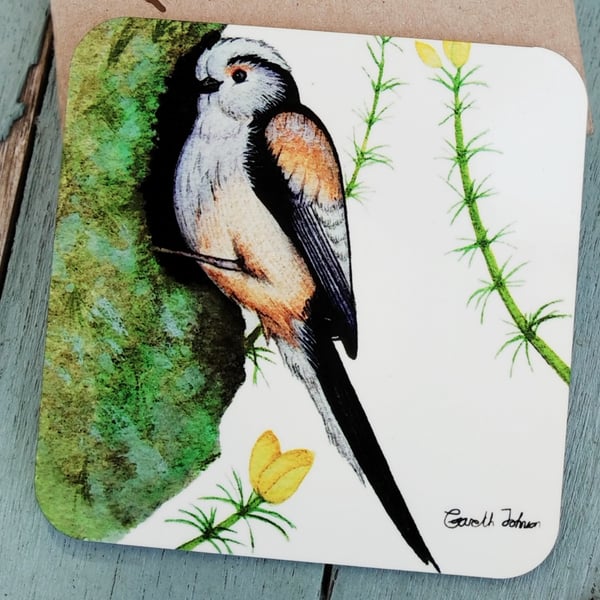 Long tailed-tit coaster, watercolour bird coaster, gifts for bird lovers