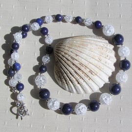 Blue Lapis Lazuli & Clear Quartz Gemstone Crystal Chunky Beaded Chakra Necklace