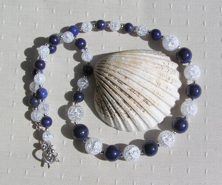 Blue Lapis Lazuli & Clear Quartz Gemstone Crystal Chunky Beaded Chakra Necklace