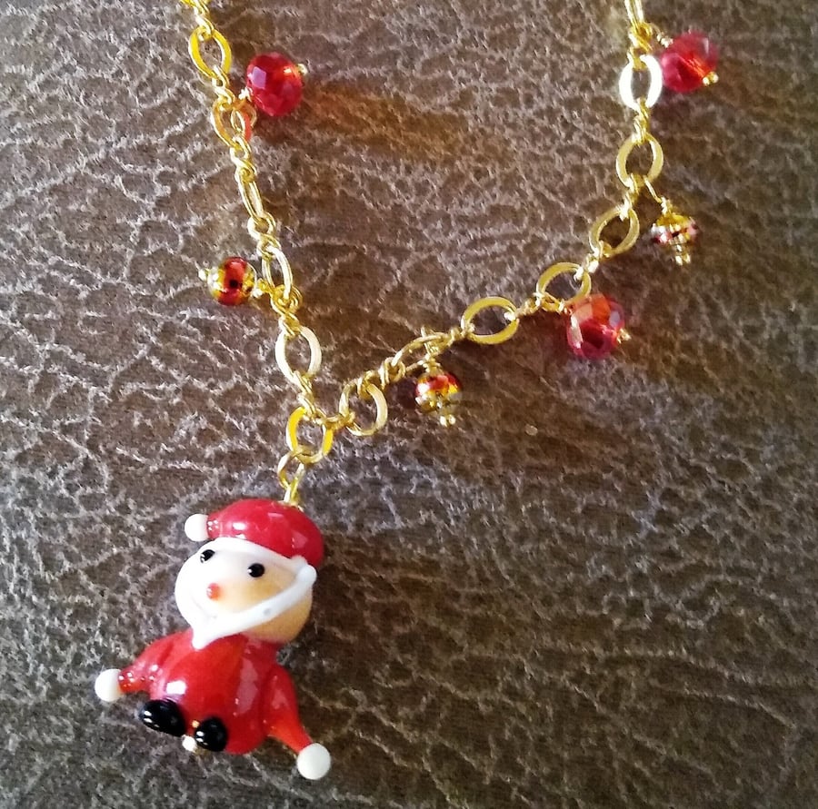 Lampwork Glass Santa With Red Crystal MultiDrops & Gold Plate Necklace 18 inch