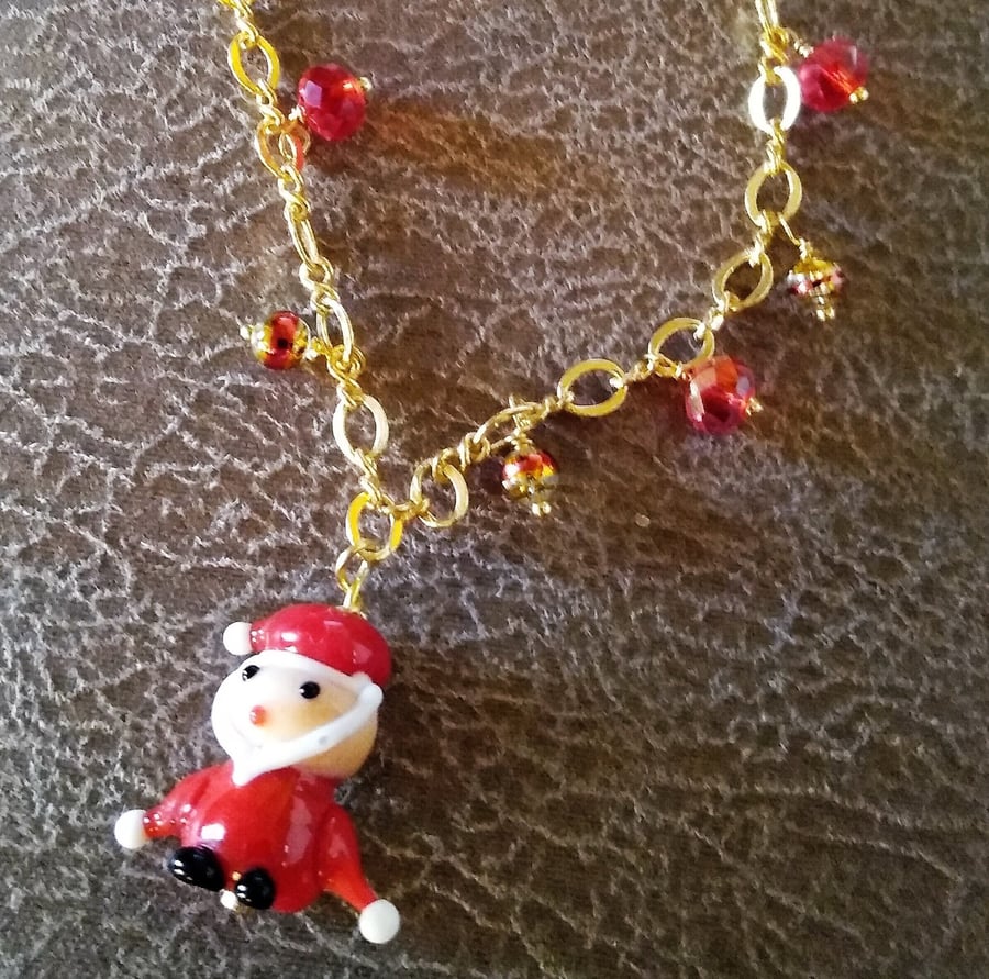 Father Christmas Lampwork Pendant & Red Crystal Drops GoldPlate Necklace 18 inch