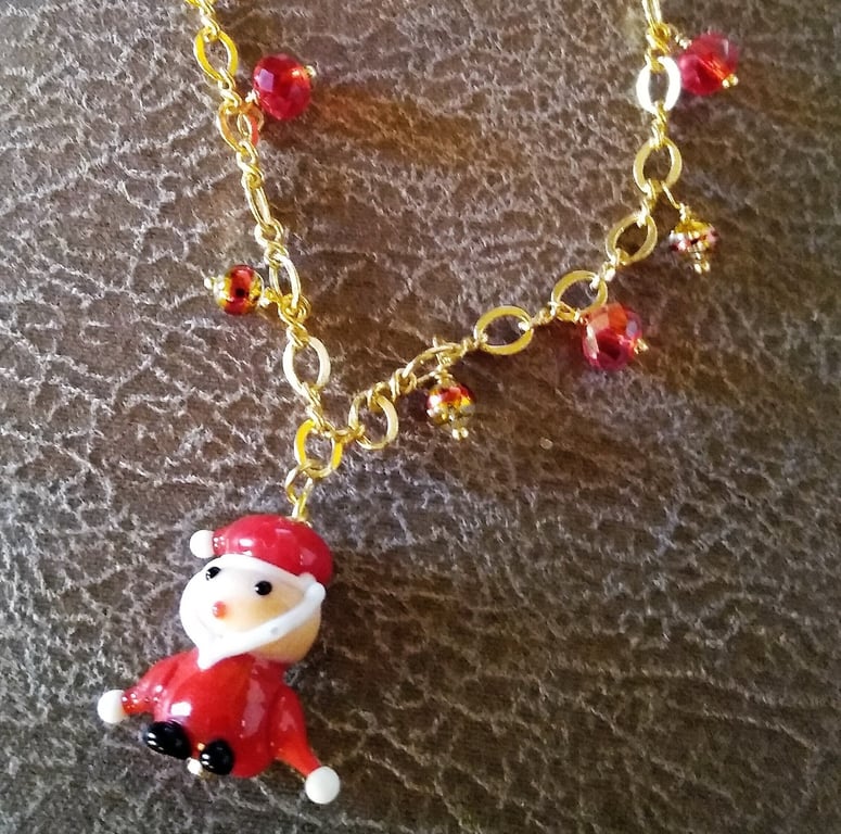 Father Christmas Lampwork Pendant & Red Crystal Drops GoldPlate Necklace 18 inch