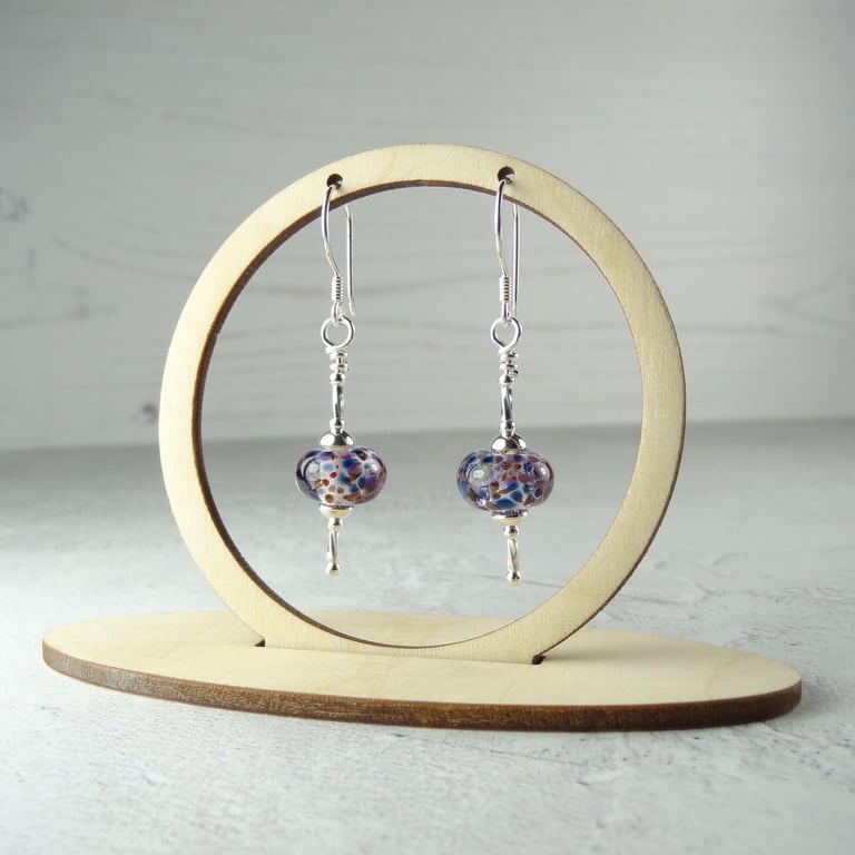 Purple & blue speckled lampwork glass drop earrings, sterling silver, gift box