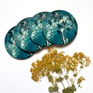 Cyanotype Seed Head Circular Coaster Set x4 (dark wood finish)