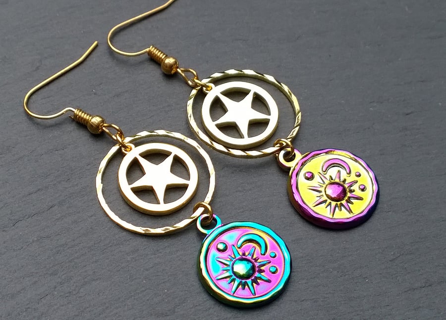 Sun Moon and Stars Celestial Multi Tone Drop Earrings, Sunset Sunrise