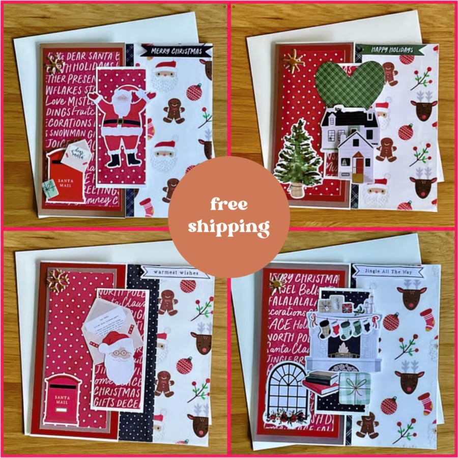 Cards. Set of four unique handmade Christmas cards. Free postage.