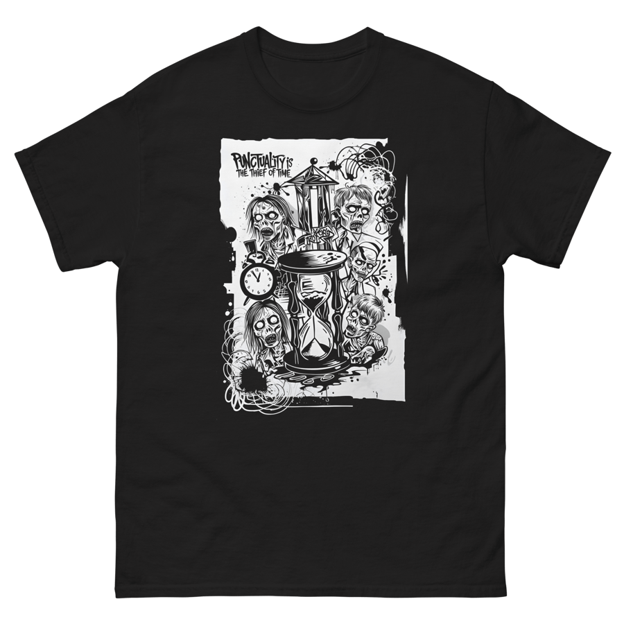 Listing Title  "Punctuality is the Thief of Time" Zombie T-Shirt – Gothic Horror