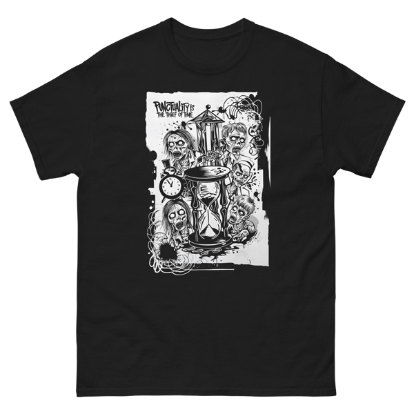 Listing Title  "Punctuality is the Thief of Time" Zombie T-Shirt – Gothic Horror