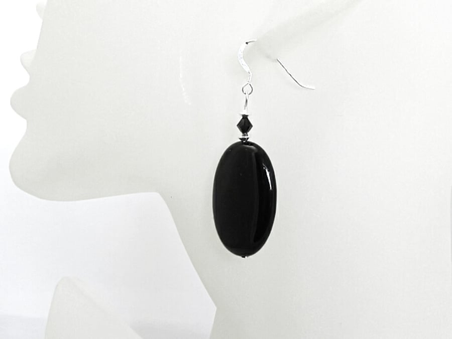 Large Black Agate Oval Bead Earrings With Crystals & Sterling Silver