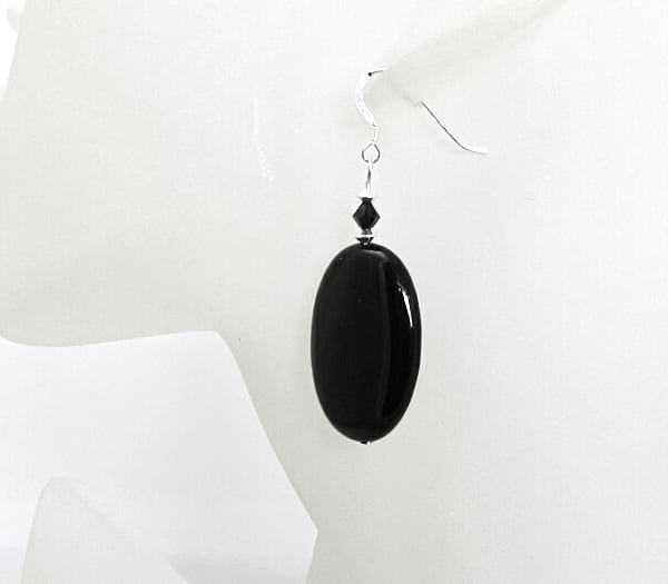 Large Black Agate Oval Bead Earrings With Crystals & Sterling Silver