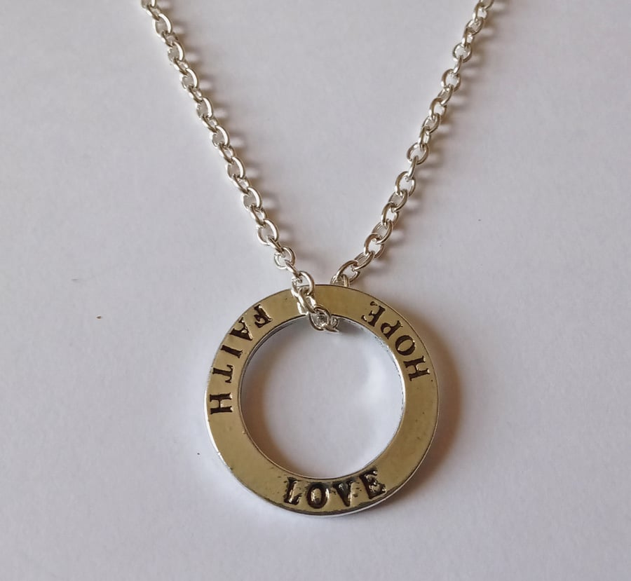 Silver Plate Faith Hope Love Long Necklace Gift