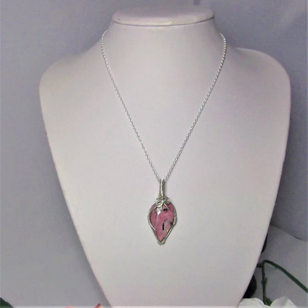 Rhodonite wire wrapped tear drop pendant one off