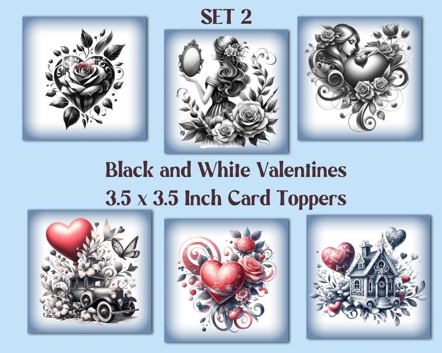 Romantic Black and White Square Card Toppers Card Making, Tags, Valentine's     
