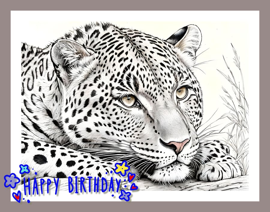 Happy Birthday Leopard Drawing Card A5