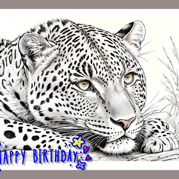 Happy Birthday Leopard Drawing Card A5