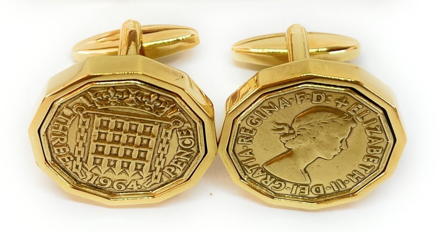 1964 Threepence 3d 61st birthday Cufflinks - Original 1964 threepence HT