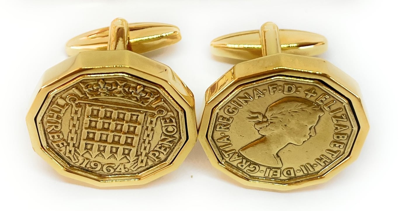 1964 Threepence 3d 61st birthday Cufflinks - Original 1964 threepence HT