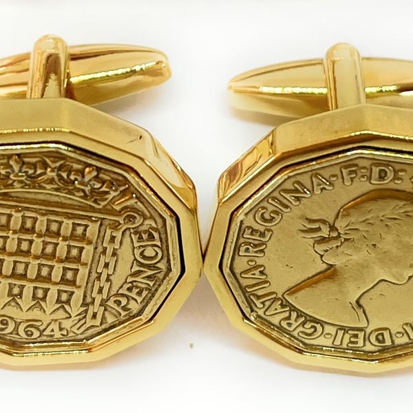 1964 Threepence 3d 61st birthday Cufflinks - Original 1964 threepence HT