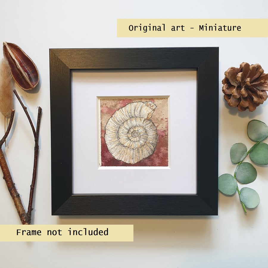 Little ammonite fossil original art miniature, artwork, tiny painting